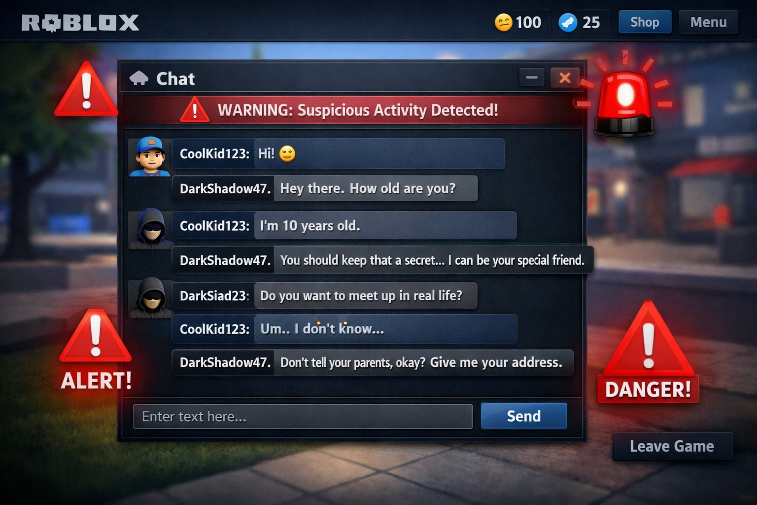 Conversa no Roblox com alertas